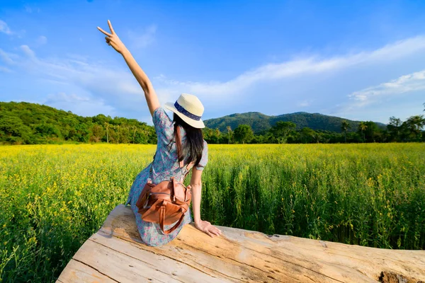 Kobieta Dziewczyna Cieszyć Się Otworzyć Rękę Górę Powietrzu Belce Drewna — Zdjęcie stockowe