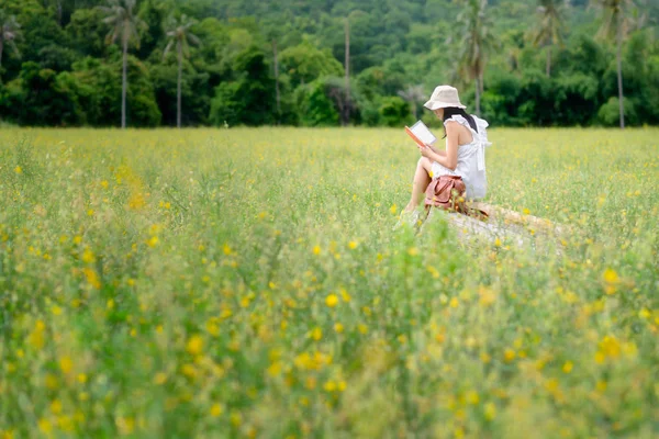 Mujer Chica Disfrutar Lectura Libro Tronco Madera Medio Flores Silvestres — Foto de Stock