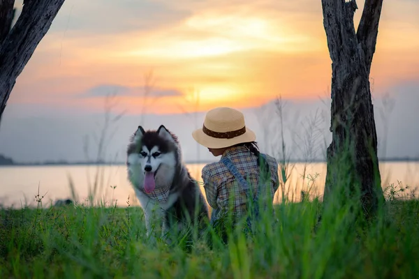 女人喜欢在湖畔坐下来和小狗说话 在舒适的时间里和小狗在一起 享受夕阳西下的甜蜜时光 友谊和关系 — 图库照片