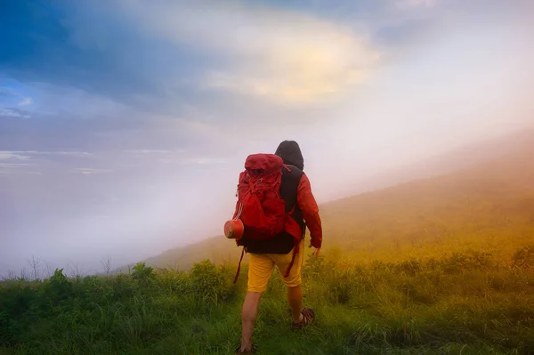 Trekking Viaggiatore Passeggiate Solo Sulla Montagna Camminando Lungo Destinazione Superiore — Foto Stock
