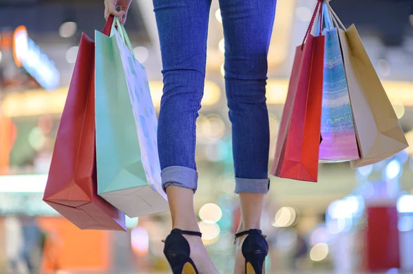 Slender Happy Woman Joyful Shopping Mall Center Buying Shopping Consumerism — Stock Photo, Image