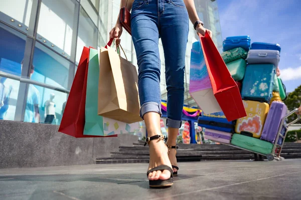Hand Happy Woman Holding Shopping Bags Joyful Shopping Mall Center — Stock Photo, Image