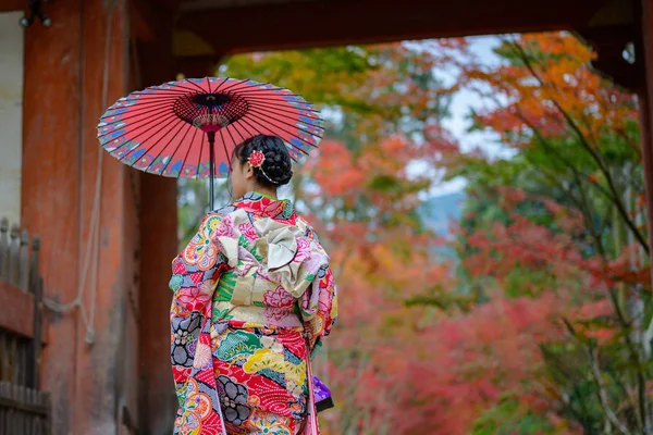 Wanita Memegang Payung Retro Dengan Gaya Lama Mengenakan Pakaian Tradisional — Stok Foto