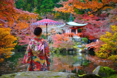 Geleneksel kimono tarzı retro şemsiyeli kadın, sonbaharda köyün bahçesinin ortasında oturuyor, Japonya 'ya geliyor ve spor müsabakalarını ziyaret ediyor.
