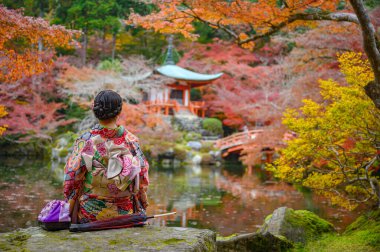 Geleneksel kimonolu kadın, sonbaharda köyün bahçesindeki parkın ortasında oturur, seyahat eder ve gelen spor müsabakalarında Japonya 'yı ziyaret eder.