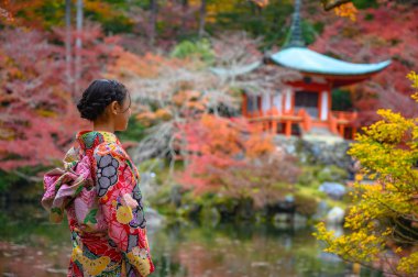 Geleneksel kimono tarzında bir kadın, sonbaharda köyün bahçesinin ortasında tek başına duruyor, gelecek spor müsabakasında seyahat ediyor ve Japonya 'yı ziyaret ediyor.