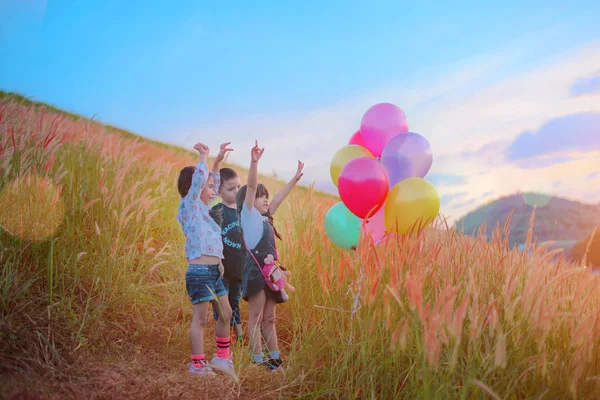 Kinder Spielen Auf Der Hügelwiese Mit Bunten Luftballons Daneben — Stockfoto