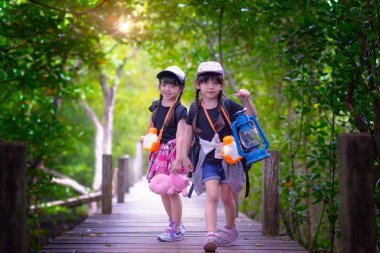 Orman ormanının tahta köprüsünde yürüyen ikiz çocuklar doğa eğitimini tazelemek için geziye katılıyorlar, karanlıkta fenerle ateş böceği bulduklarını görmek istiyorlar.