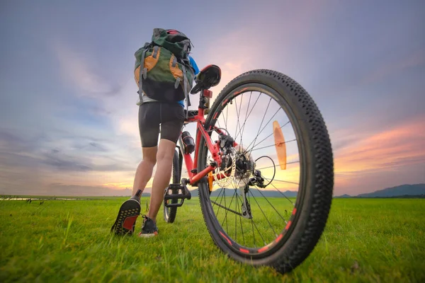 Vrouw Fietser Fietsen Weg Van Weide Veld Avontuur Vrouw Rijden — Stockfoto