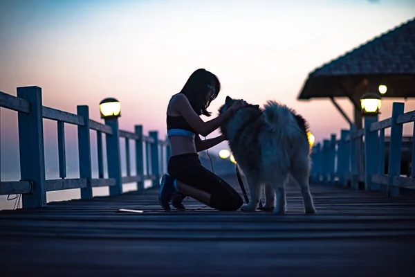 Jovem Mulher Correr Ponte Madeira Com Cão Sentado Alegremente Desfrutar — Fotografia de Stock