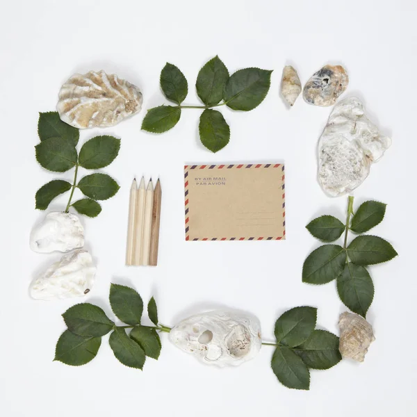 Rahmen aus den Blättern von Rosen und Muscheln auf weißem Hintergrund — Stockfoto