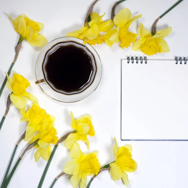 Kopp kaffe och ett tefat, påskliljor på vit bakgrund — Stockfoto