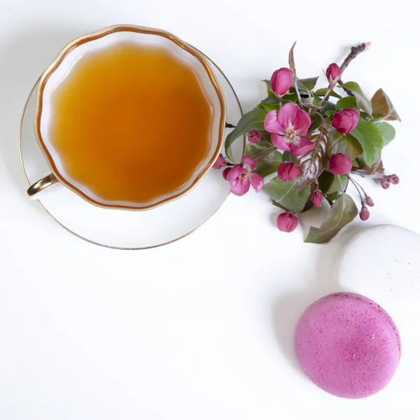 Taza de té con flores de manzana rosa y galletas de macarrones —  Fotos de Stock