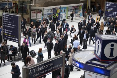 People at Liverpool Street station. Opened in 1874 it is third busiest and one of the main railway stations in UK, with connection to London Underground clipart