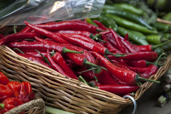 Basket of red chili peppers on Borough market in London — Stock Photo, Image