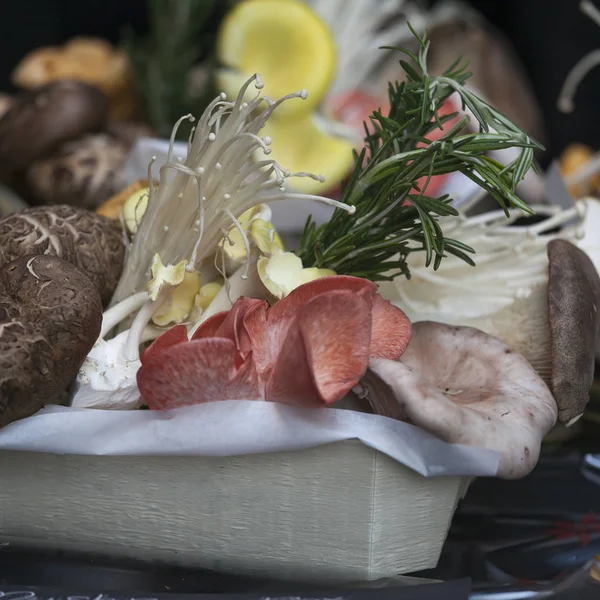 Champiñones de ostras rosadas y amarillas, en un puesto de mercado en el Borough Market de Londres, Southwark — Foto de Stock