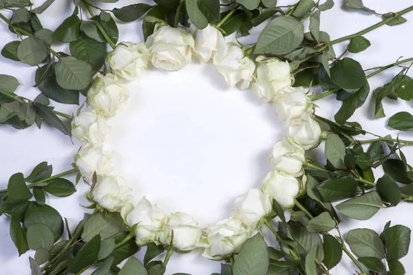 circle lined with white roses on a white background. Idea for design