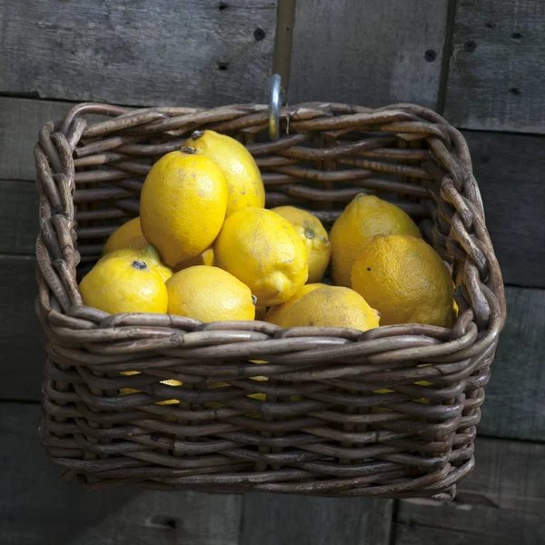 Los Limones en la caja de mimbre que cuelga de la pared, para la venta en el mercado — Foto de Stock