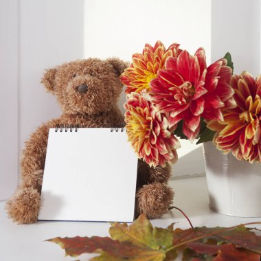 sonbahar dahlias buket yanında oyuncak ayı. Oyuncak ayı yazmak için bir not defteri tutar.