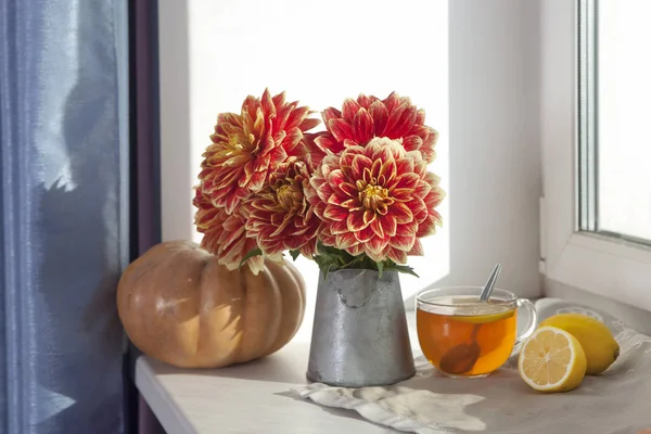Jesień Martwa natura z czerwonym dalie w blaszanym słoiku, dynia, filiżankę herbaty i jabłka na oknie, przy słonecznej pogodzie — Zdjęcie stockowe