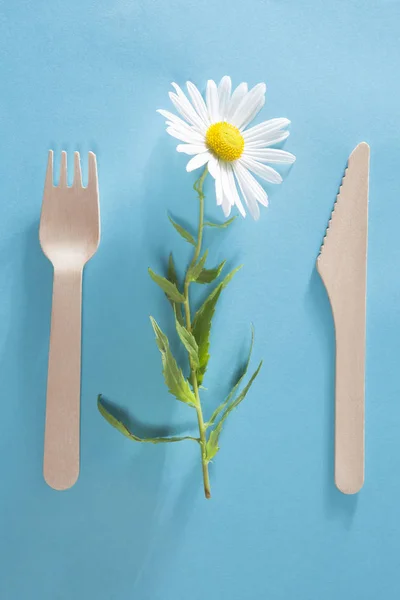 El tenedor con el cuchillo la margarita blanca sobre el fondo azul . — Foto de Stock