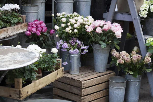 Las Rosas y los ciclámenes en los pucheros sobre las cajas de madera como adorno de la floristería —  Fotos de Stock