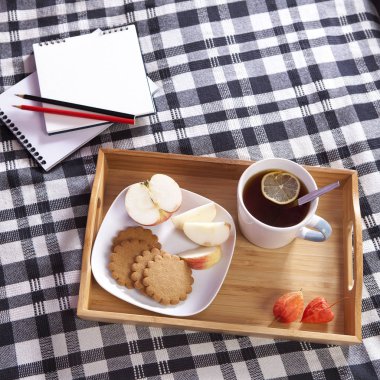 bir fincan çay ve zencefil bisküvi ve kareli bir yorgan bir elma ile bir tabak tepsi