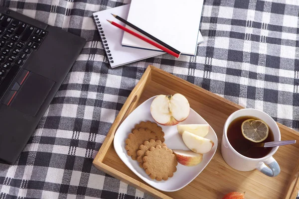 Bricka med en kopp te och en tallrik med ingefära kex och ett äpple på en rutig överkast — Stockfoto