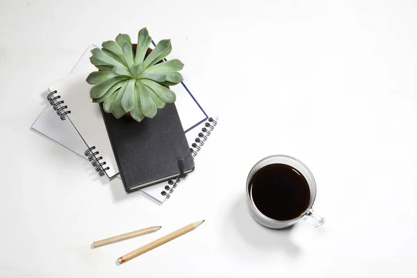 Topp med utsikt över vita office desktop med växt, kaffekopp, Glasögon och kontorsmaterial. Håna upp — Stockfoto