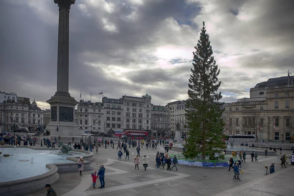 在黄昏的圣诞节前夕, 特拉法加广场上有一棵圣诞树 — 图库照片