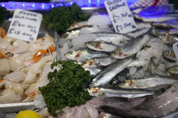 Nyfångad havet fiskar och andra skaldjur utställda på Borough Market — Stockfoto