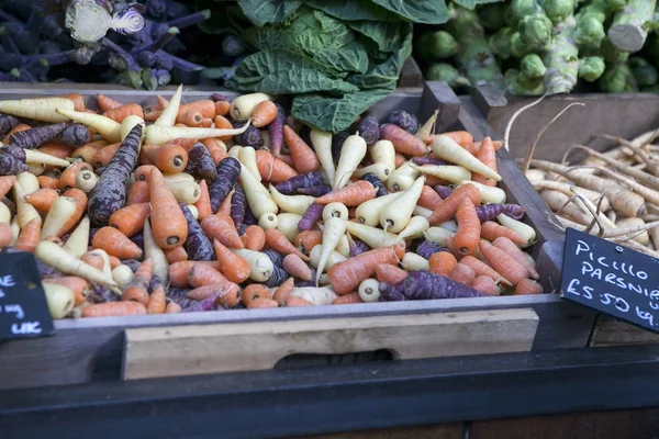 As cenouras vermelhas, brancas e azuis no mercado para venda — Fotografia de Stock