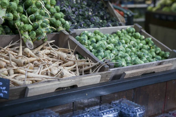 De groene Brussel spruiten op de markt te koop — Stockfoto