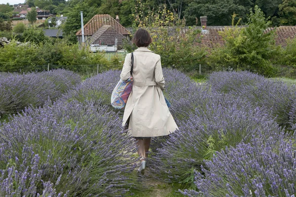 Lavendelfeld in Mayfield Lavendelfarm auf den Surrey Daunen. Selektiver Fokus. Selektiver Fokus. Frau in schönem Mantel vom Rücken zum Feld — Stockfoto