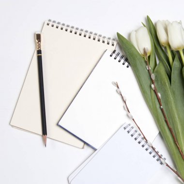 bir söğüt ile Beyaz Lale bir çerçeve beyaz not defterinde