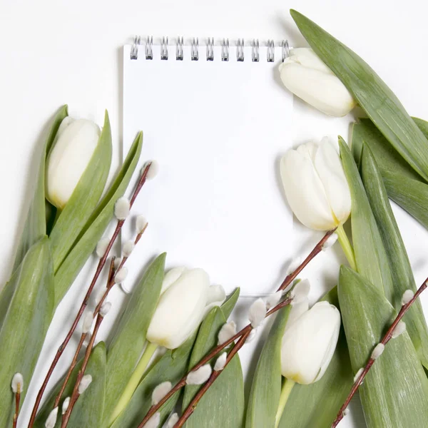 Le bloc-notes blanc dans un cadre de tulipes blanches avec un saule — Photo