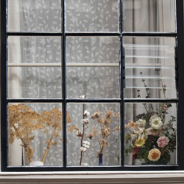 La ventana Tradicional holandesa con el tul y los ramos secos en el alféizar de la ventana — Foto de Stock