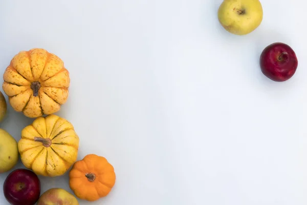 Orange pumpkins and leaves, top view on blue background , web banner with copy space — Stock Photo, Image