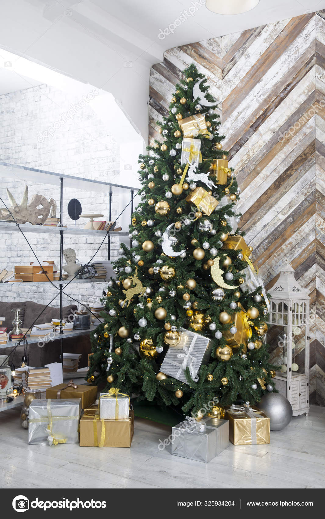 Gifts under the Christmas tree. Christmas background. Christmas tree