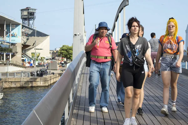 People walking on Barceloneta Palm road, — 스톡 사진