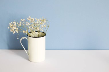 Beyaz ve mavi arka planda yüksek maşalı beyaz bir fincanda kurutulmuş gypå ila..