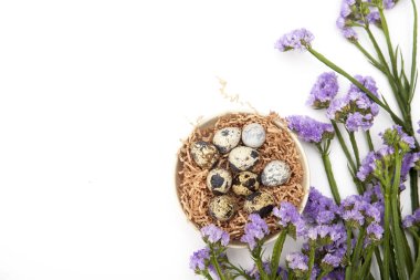 Beyaz maskeli bıldırcın yumurtaları. Paskalya kartı.