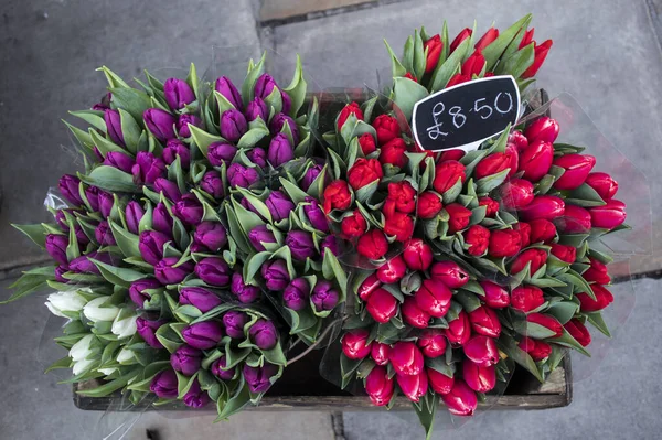 Красочные букеты тюльпанов для продажи на уличном рынке — стоковое фото