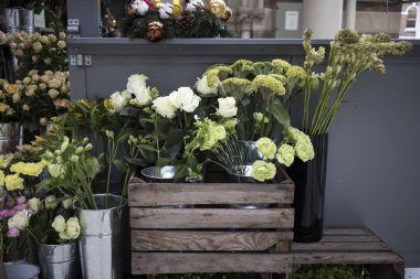 Selection of green flowers in bouquets for sale in flower shop on the street