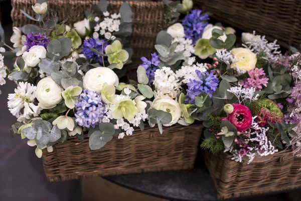 Bouquet White Ranunculus Red Daisies Eucalyptus Blue Hyacinths White Cherry — Stock Photo, Image