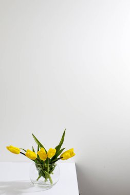 Sarı lale buketi beyaz duvarın karşısındaki masada. Boşluğu kopyala
