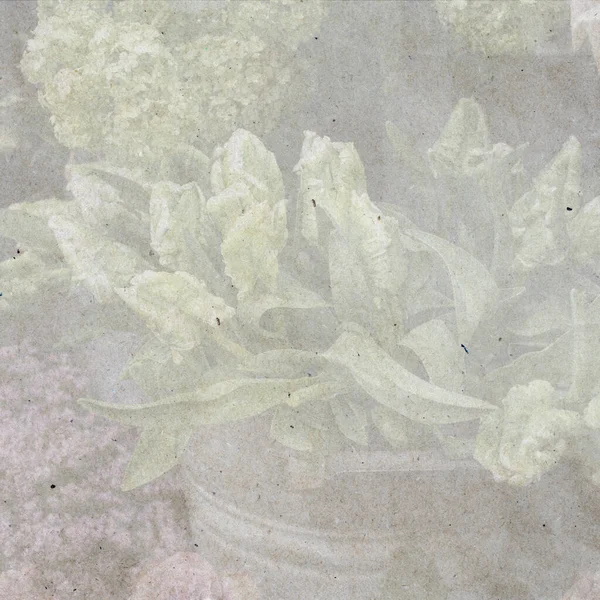 亜鉛バケツに緑のチューリップとアジサイの花束 グリーティングカードのための完璧な背景 スタイリッシュな古い紙の背景 — ストック写真