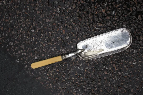 Cake spatula lies on gray wet asphalt in the rain