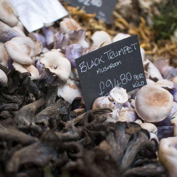 Verkauf Verschiedener Pilzarten Birkenrindenkästen Auf Dem Bauernmarkt Unter Anderem Pfifferlinge — Stockfoto