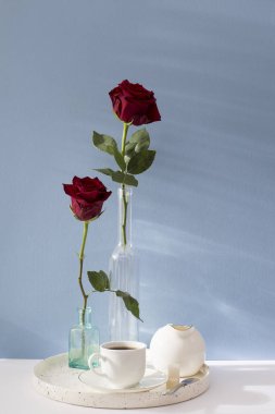 Mavi arka planda uzun vazolarda iki uzun koyu kırmızı gül. Boşluğu kopyala